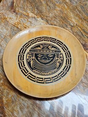 Vintage Decorative Lg Wooden Round Plate Tray with Black Tribal Face Motif